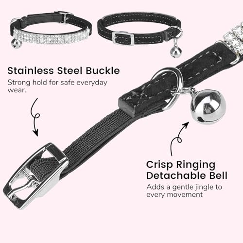 BINGPET Diamond Cat Collar with Bell, Adjustable Soft Velvet Bling Rhinestone Cat Collar, Sparkly Kitten Collar with Safety Elastic & Metal Buckle for Small Medium Cats - color: Black(Rhinestones), size: Neck Girth 8"-10"