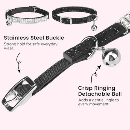 BINGPET Diamond Cat Collar with Bell, Adjustable Soft Velvet Bling Rhinestone Cat Collar, Sparkly Kitten Collar with Safety Elastic & Metal Buckle for Small Medium Cats - color: Black(Rhinestones), size: Neck Girth 8"-10"