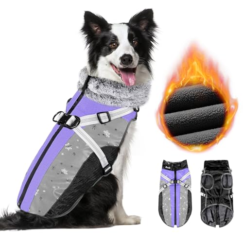 SlowTon Dog Jacket with Harness Built in - Waterproof Fleece Winter Warm Dog Coats for Small Medium Dogs, Reflective Adjustable Furry Puppy Vest Clothes for Outdoor Walking (Purple & Grey, XL) - color: Purple & Black, size: X-large (Chest 25.0"-29.0")