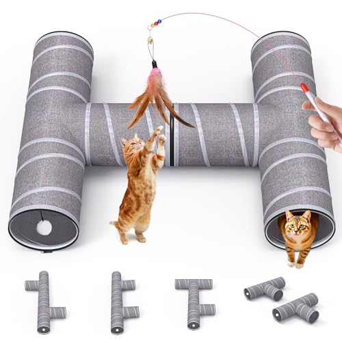 PETOCAT Cat Tunnel 4 Way with Teaser Wand & 2 Plush Ball, 5 Shapes Available, 54/80.7" L, H-Shaped Collapsible Pet Play Tube Maze for Kitten Puppy Bunny Ferret Rabbit, Indoor/Outdoor Peekaboo Cave - color: Cat Tunnel