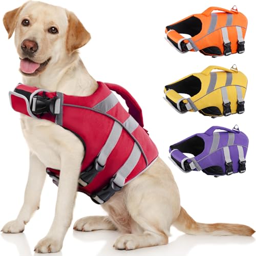 Kuoser Dog Life Jacket with Reflective Stripes, Dog Life Vest for Swimming Boating, Adjustable Pet Lifejackets with High Flotation, Doggie Swimsuit for Small Medium Large Dogs - color: 1#Red, size: S (Chest Girth:16.9-21.3'')