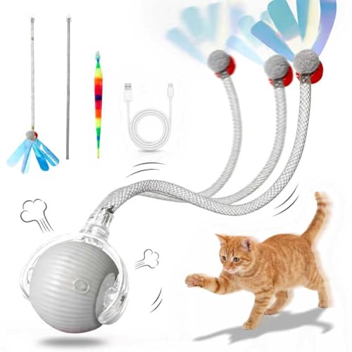 Rechargeable Smart Rolling Cat Ball, Automatic Interactive Cat Toy with 3 Modes, LED Light & 3 Replaceable Accessories, Indoor Cat Exercise Toy for Kittens & Adult Cats, for Boredom Relief Gray - color: Gray