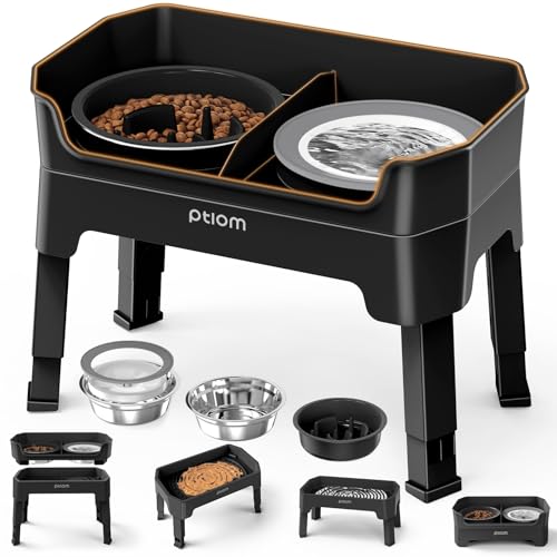 4-in-1 Elevated Slow Feeder Dog Bowls, 4 Height Adjustable Mess Proof Raised Dog Bowl Stand with No Spill Water Bowl, Stainless Steel Doggy Food Dish & Slow Feeder for Large Medium Small Pets - color: Black, size: Water Bowl + Stainless Steel Bowl + Slow
