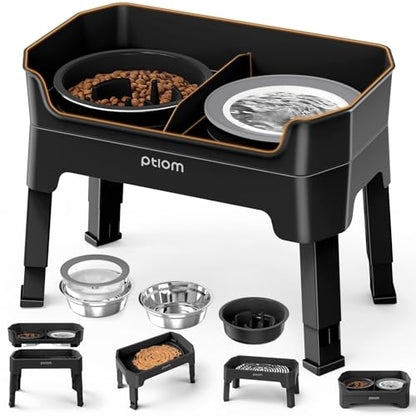 4-in-1 Elevated Slow Feeder Dog Bowls, 4 Height Adjustable Mess Proof Raised Dog Bowl Stand with No Spill Water Bowl, Stainless Steel Doggy Food Dish & Slow Feeder for Large Medium Small Pets - color: Black, size: Water Bowl + Stainless Steel Bowl + Slow