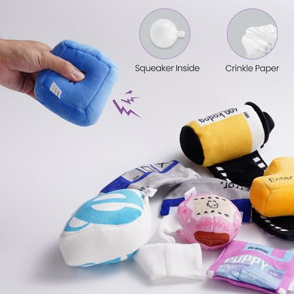 Nocciola Funny Squeaky Dog Toys, Old Tech Themed Stuffed Plush Puppy Toy Set with Hidden Treat Pockets, Cute Crinkle Chew Toys for Small Medium Large Breed, Boy Dog Birthday Gifts, 7 Packs - style: Tech Themed