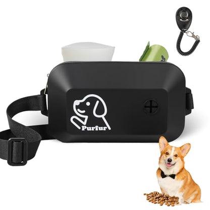 Dog Treat Pouch with Clicker & Poop Bag Holder – Waterproof Silicone, Adjustable Waist Belt for Training & Walking – Puppy Treat Pouch for Pet Training (Black)