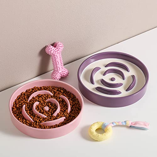 8.66 in Pink Ceramic Slow Feeder Dog Bowl for Medium and Large Breed,Pet Feeding Dog Food Water Dish Heavy Weighted,Puppy Bowl for Fast Eaters,Puzzle Slow Eating Dish Modern Cute - color: Pink Slow Feeder