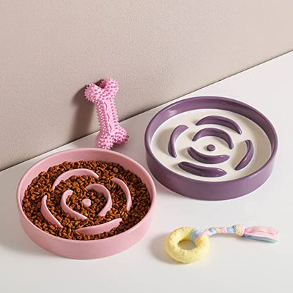 8.66 in Pink Ceramic Slow Feeder Dog Bowl for Medium and Large Breed,Pet Feeding Dog Food Water Dish Heavy Weighted,Puppy Bowl for Fast Eaters,Puzzle Slow Eating Dish Modern Cute - color: Pink Slow Feeder
