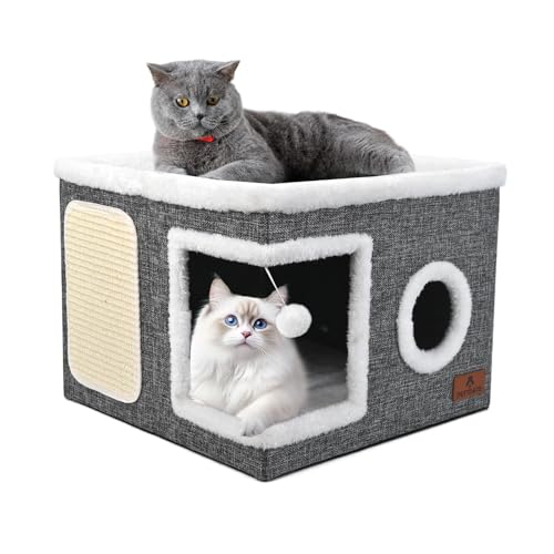 Cat Beds for Indoor Cats, Large Cat Cave Bed with Scratch Pad and Fluffy Ball, Foldable Cat Hideaway, Cat House with Reversible Cushion for Multi Small Pet Up to 30LBS, Grey - color: Grey, size: Single