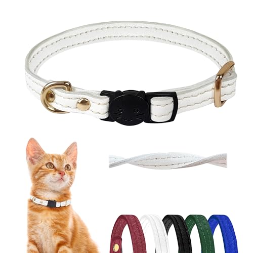 Cat Collar Breakaway with D-Ring and Safety Buckle, Adjustable, Soft Sheep Leather and Lightweight for Kittens and Small Pets(Neck Fit 7.5"-11", White) - color: White