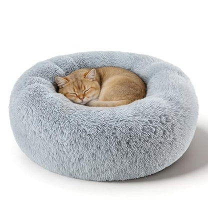 Dog Calming Beds for Small Medium Large Dogs - Round Donut Washable Puppy Dog Bed, Anti-Slip Faux Fur Fluffy Donut Cuddle Anxiety Cat Pet Bed(Light Grey 20") - color: Light Gray, size: 20"L x 20"W x 8"Th