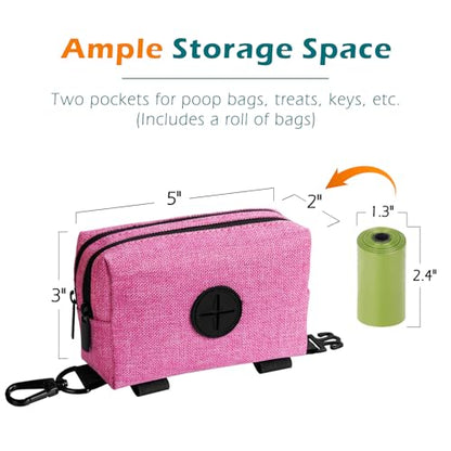 Dog Poop Bag Holder, Portable Pet Waste Bag Dispenser, 2 Pouches for Treats and Walking Accessories, Fit All Leashes, Includes 1 Roll of Dog Poop Bags (Pink) - color: Pink