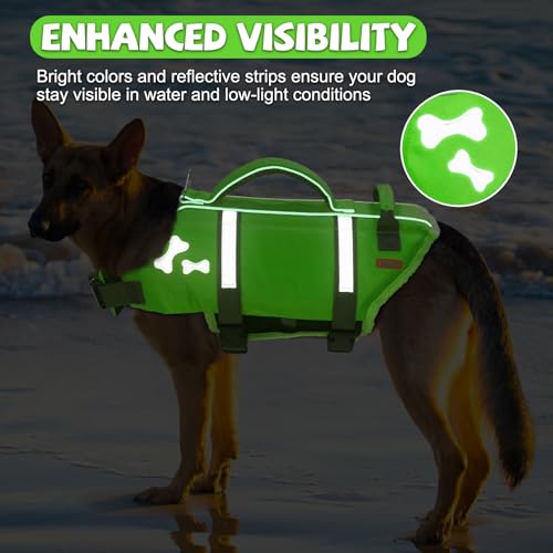 EMUST Dog Life Vests, Adjustable Dog Life Jacket with Rescue Handle, Dogs Flotation Vest for Small/Medium/Large Dogs, XS, NewGreen - color: NewGreen, size: XS