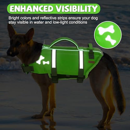 EMUST Dog Life Vests, Adjustable Dog Life Jacket with Rescue Handle, Dogs Flotation Vest for Small/Medium/Large Dogs, XS, NewGreen - color: NewGreen, size: XS