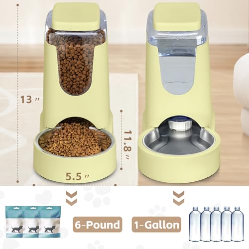 HWONMTE Portable Automatic Cat Feeder and Water Dispenser with Stainless Steel Bowl Dog Gravity Food Feeder and Waterer for Small Medium Pets Puppy Kitten 1 Gallon x 2 (Cream Yellow) - color: Cream Yellow