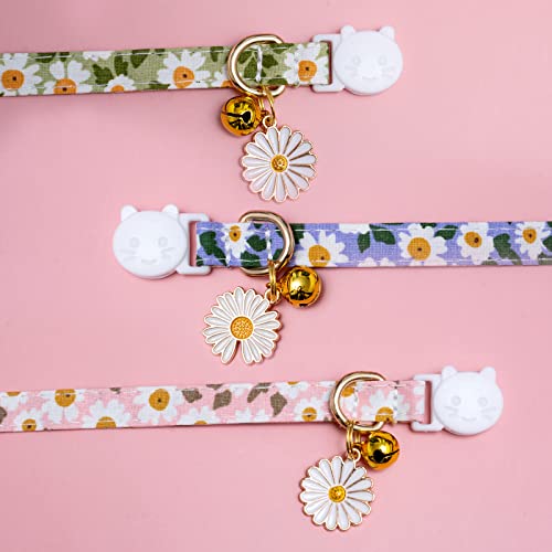 Faygarsle 3 Pack Cotton Safe Breakaway Cat Collars with Bell Daisy Charm Green Blue Pink Kitty Kitten Cute Cat Collars for Girl Cats Female Cats - color: Pink&Green&Blue3.0