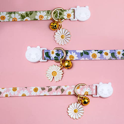 Faygarsle 3 Pack Cotton Safe Breakaway Cat Collars with Bell Daisy Charm Green Blue Pink Kitty Kitten Cute Cat Collars for Girl Cats Female Cats - color: Pink&Green&Blue3.0