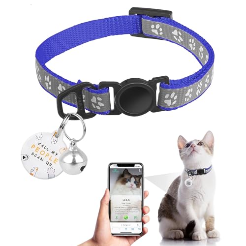 Cat Collar Breakaway with QR Code Name Tag, Reflective Kitten Collars with Bell, Cat ID Tag Personalized, Ultra-Durable, Adjustable, Quick Release, Fits Most Girl Boy Small Large Cats (8''-13.3'') - color: Navy blue