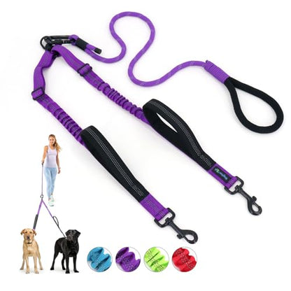 Double Dog Leash No Tangle – Dual Dog Leash for 2 Dogs with Shock Absorbing Bungee, 360° Swivel, Reflective Safety, Heavy Duty for Medium & Large Dogs (Vibrant Purple) - color: Vibrant Purple
