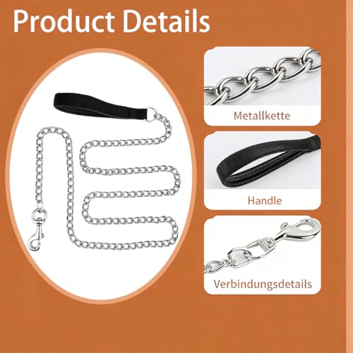 6ft Heavy Duty Metal Chain Leash, Standard Pet Leash chew Proof Dog Leash, Dog Chain for Yard, Chain leashes for Large Dogs