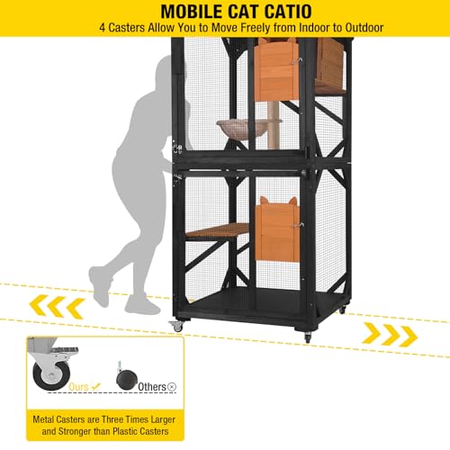 Aivituvin Outdoor Catio Cat Enclosures on Wheels Cat House 70.9" Large Kitty House with Upgraded Resting Box,Waterproof Roof Cover,Brown