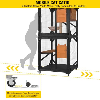 Aivituvin Outdoor Catio Cat Enclosures on Wheels Cat House 70.9" Large Kitty House with Upgraded Resting Box,Waterproof Roof Cover,Brown