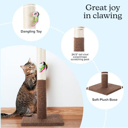 PETMAKER Cat Scratching Post - Tall Scratcher for Cats and Kittens with Sisal Rope and Carpet, Hanging Mouse Toy for Interactive Play (24.5 Inch) - color: Brown