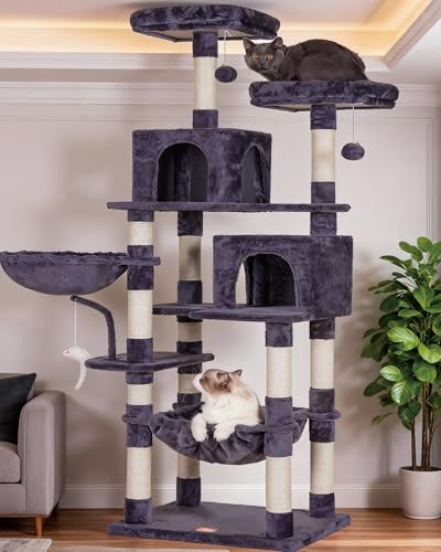 Heybly Cat Tree, 70 inches Tall Cat Tower Condo with Toy for Indoor Large Cats, Cat House Furniture with Padded Plush Perch, Cozy Hammock and Sisal Scratching Posts, Smoky Gray HCT032G - color: Smoky Gray, size: 70.08 inch
