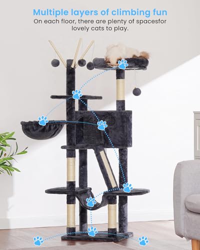 Hey-brother Cat Tree, 53 inch Cat Tower for Indoor Cats, Cat House with Padded Platform Bed, Toy Balls, Large Cozy Condo, Hammocks and Sisal Scratching Posts, Smoky Gray MPJ019-SG - color: Smoky Gray