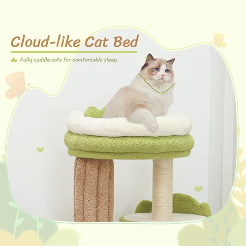 KAMABOKO 42.5" Cute Cat Tree, Green Cat Tree for Indoor Cats, Aesthetic Cat Tower with Teddy Fleece, Cats Condo, Unique Cat Furniture for Small Space - Perfect for Your Feline Pal - size: 42.5''H