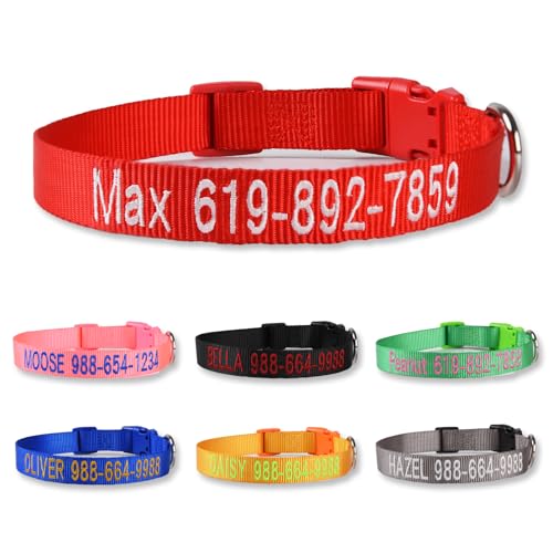 Personalized Dog Collar, Custom Embroidered Pet Name and Phone Number, Adjustable 5 Sizes XS Small Medium Large XL, Quick Release Snap Buckle Dog Collar,Red - color: Red