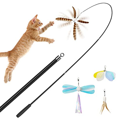 uahpet Natural Feather Cat Toys for Indoor Cats Retractable Kitten Wand 60inch Safe Hunting Distance Interactive Toys for Kittens with 4Pcs Senses Replacement Teasers Arouse Desire to Hunt