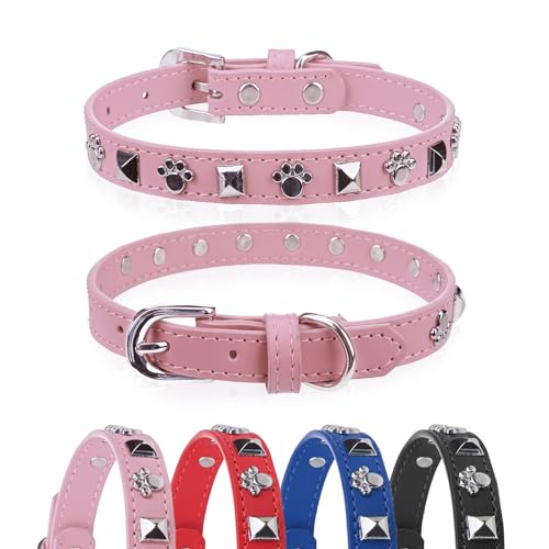 Leather Dog Collar for Puppy Small Medium Dogs, Adjustable Paw Studded Pet Collars with Rust-Proof Metal Buckle and Charms, XS S Dog Collars for Boy and Girls, Pink S - color: Paw_Pink, size: Small (11"-14", Pack of 1)