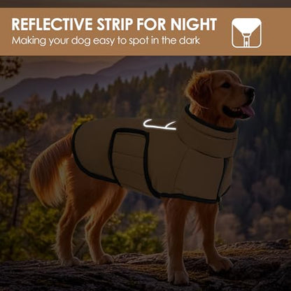 AOFITEE Dog Winter Coat, Waterproof Dog Jacket, Dog Coat with Harness Hole, Warm Fleece Dog Puffer Jacket, Reflective Windproof Dog Snowsuit for Small Medium Large Dogs, Dachshund, French Bulldog, L - color: Brown, size: Large