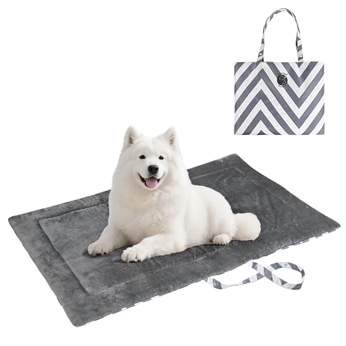 Waterproof Foldable Dog Bed Pad for Camping & Travel, Portable Roll-Up Dog Bed Car Seat Pet Cushion Mat with Handles for Medium & Large Dogs, Indoor & Outdoor Use - color: Grey Chevron Striped, size: 50"x28"