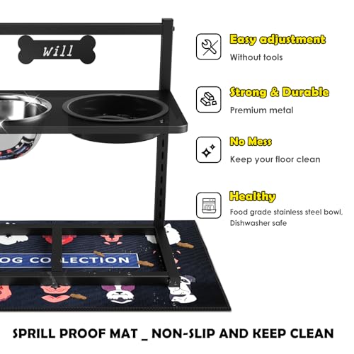 ADENGL 9 Height Adjustable Dog Bowl Stand with Two 1.7L Stainless Steel, Slow Feeder Bowls and Nonslip Pad, Perfect for Medium and Large Dogs - color: Black, Slow Feeder with Dog Group Mat, size: Large Dogs