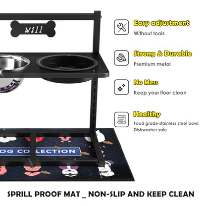 ADENGL 9 Height Adjustable Dog Bowl Stand with Two 1.7L Stainless Steel, Slow Feeder Bowls and Nonslip Pad, Perfect for Medium and Large Dogs - color: Black, Slow Feeder with Dog Group Mat, size: Large Dogs