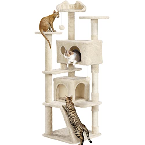 Yaheetech 62in Cat Tree Cat Tower for Indoor Cats, Cat Furniture w/Double Condo, Scratching Posts, Multiple Platforms and Balls for Kittens & Cats, Beige - color: Beige, size: 62in