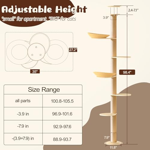 Solid Real Wood Floor to Ceiling Cat Tree, 6 Level Adjustable Height (89"-105"), Modern Climbing Tower with Thickened Wooden Sisal Scratching Posts & Cozy Bed for Indoor Cats Large Adult - size: 6 Level | 89-105 in