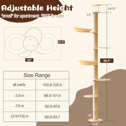 Solid Real Wood Floor to Ceiling Cat Tree, 6 Level Adjustable Height (89"-105"), Modern Climbing Tower with Thickened Wooden Sisal Scratching Posts & Cozy Bed for Indoor Cats Large Adult - size: 6 Level | 89-105 in