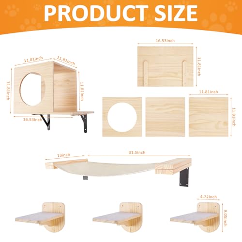 TIMIEEYA Cat Wall Shelves - Stable & Safe 5 in 1 Cat Walls Furniture Set, Wooden Kitten Climbing Wall with 1 Condos House, 1 Hammock & 3 Wall Steps - style: 5pcs with Hammock
