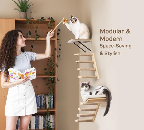 Cat Wall Shelves with Cats Window Perch – 4-Piece Wooden Cat Climbing Furniture Set with Soft Foam Curved Bed, Flat Shelf & 2 Wall 4-Steps Ladders - color: Foam/Felt-Wood, size: 1 Curved Bed 1 Shelf 2 Ladders