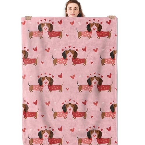 Dachshund Dog Blanket, Cute Couple Heart Flannel Throw Blankets, 40"x50", Soft Warm Lightweight Fuzzy Cozy Throws for Couch Bed Sofa Valentine Decorative Gifts for Lover Kids Girls, Pink - color: Dachshund, size: 40x50 inch