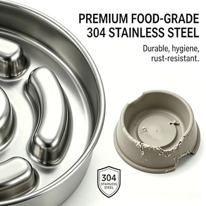 AIPERRO Slow Feeder Dog Bowl Stainless Steel, 2 Cups Metal Non-Slip Dog Food Bowls, Dogs Water Bowl for Small & Medium Sized Dogs, Fun Bloat Stop Pet Bowl for Fast Eaters, Slows Down Pets Eating - size: 2 Cups/ 1.6" Deep (Max 4Cups)