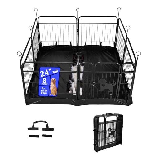 Metal Dog Playpen with Mat, Black Indoor Outdoor Pet Exercise Pen with Safety Gate, Foldable Wire Fence Enclosure (Black with mat, 24inch, 8)