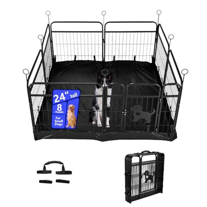 Metal Dog Playpen with Mat, Black Indoor Outdoor Pet Exercise Pen with Safety Gate, Foldable Wire Fence Enclosure (Black with mat, 24inch, 8)