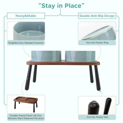 SPUNKYJUNKY Ceramic Elevated Dog Bowls Raised with Acacia Bamboo Wooden Stand, 8.3'' Dog Food Water Bowls Set Non-Slip for Medium Large Sized Breed Microwave Dishwasher Safe - 60 OZ,Light Green - color: Light Green, size: 8.3 in - Dual