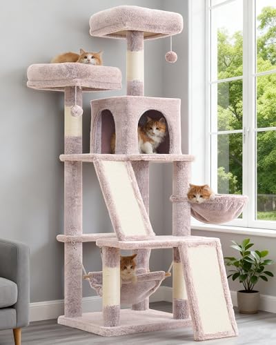 Gitelsnour Multi-Level Cat Tree for Indoor Cats, Cat Tower with 2 Scratching Boards, 2 Plush Padding Platforms, Cat Condo House with Hammock, Basket, Muchroom GCT022MU - color: Muchroom, size: 56 inches