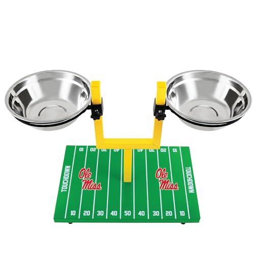 NCAA Mississippi Ole Miss Rebels Goalpost Football Field Dog Feeder – Adjustable Elevated Dog Bowls with Stand, 2 Stainless Steel Bowls, Non-Slip Rubber Feet, Raised Pet Feeder for Large & Small Dogs - color: Mississippi Old Miss Rebels