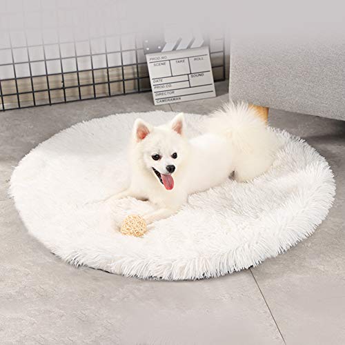 16 Inch Plush Dog Bed Mat Warm Fluffy Round Puppy Crate Pad with Anti-Slip Waterproof Bottom Soft Comfy Pet Kennel Mat for Small and Medium Dogs Sleeping(White) - color: White, size: 16 Inch